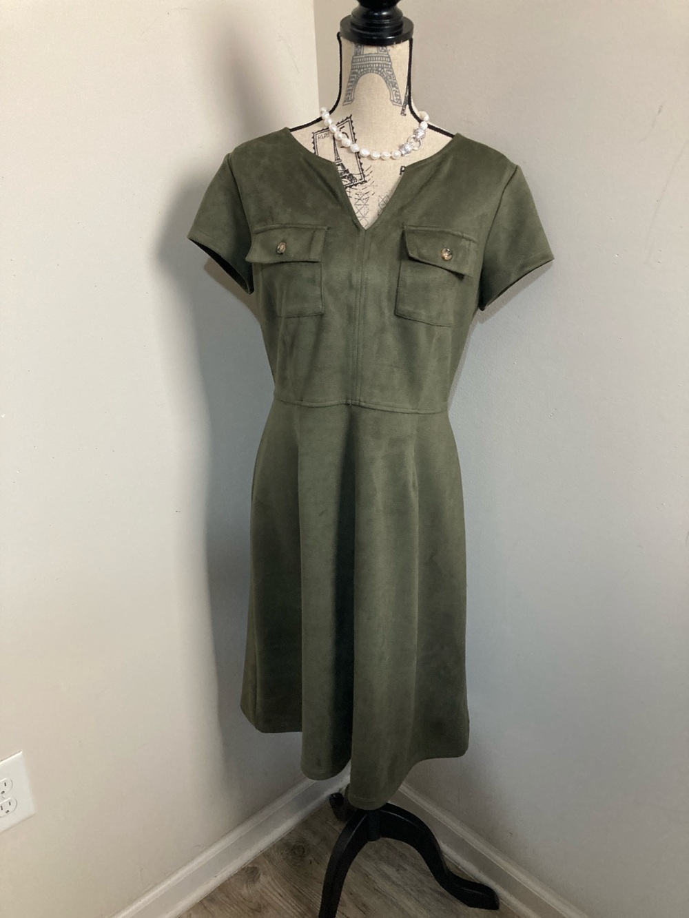 Olive Green V-Neck Short Sleeve Faux Suede Aline Dress